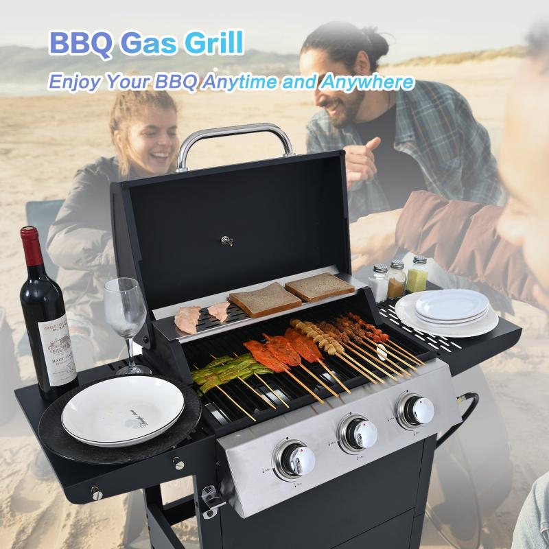 Propane Gas Three Burner Stainless Steel BBQ Grill With Double Shelf Lid Wheels and Bottle Opener
