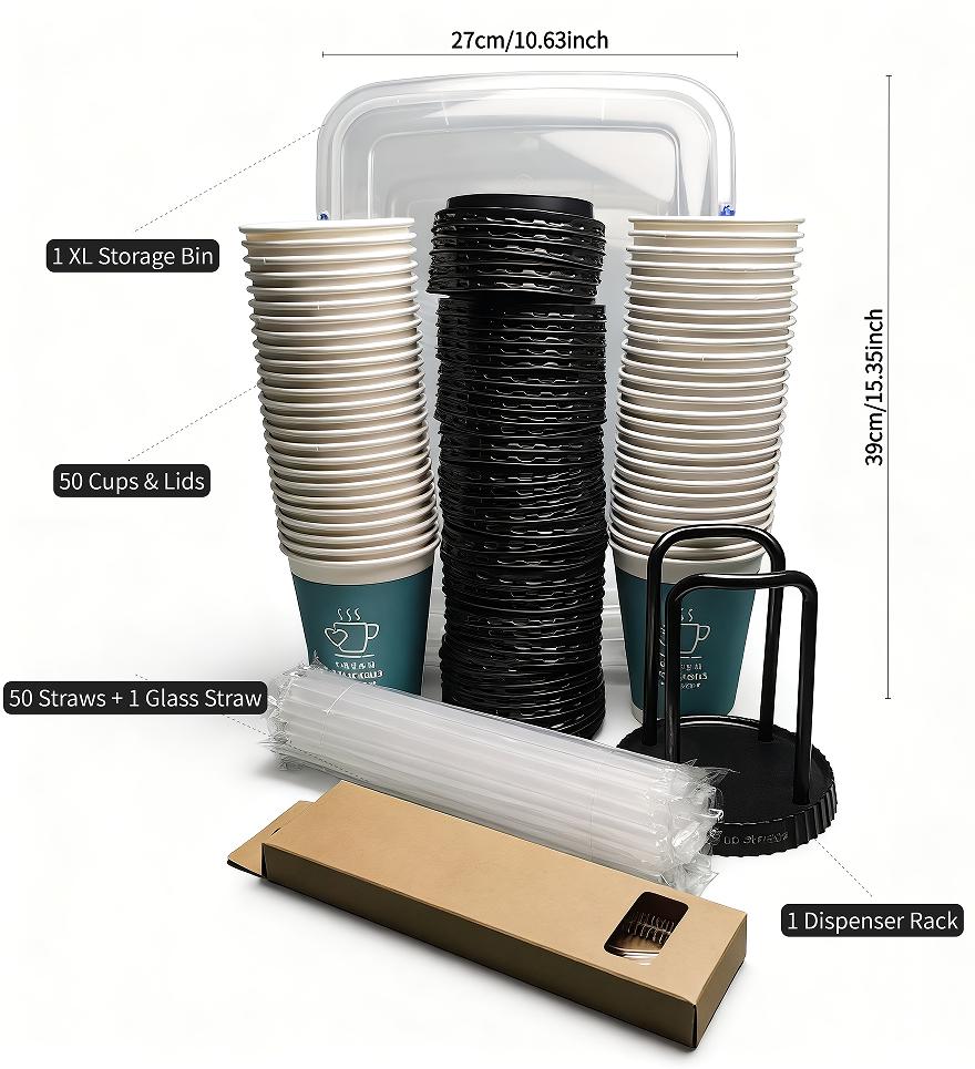 50Set of Cups50Cup Lid Set50Straw Set1Cup Holder Set1Set of Glass Straws Transparent Disposable Takeaway Cups for Wedding Catering Parties and Coffee Events