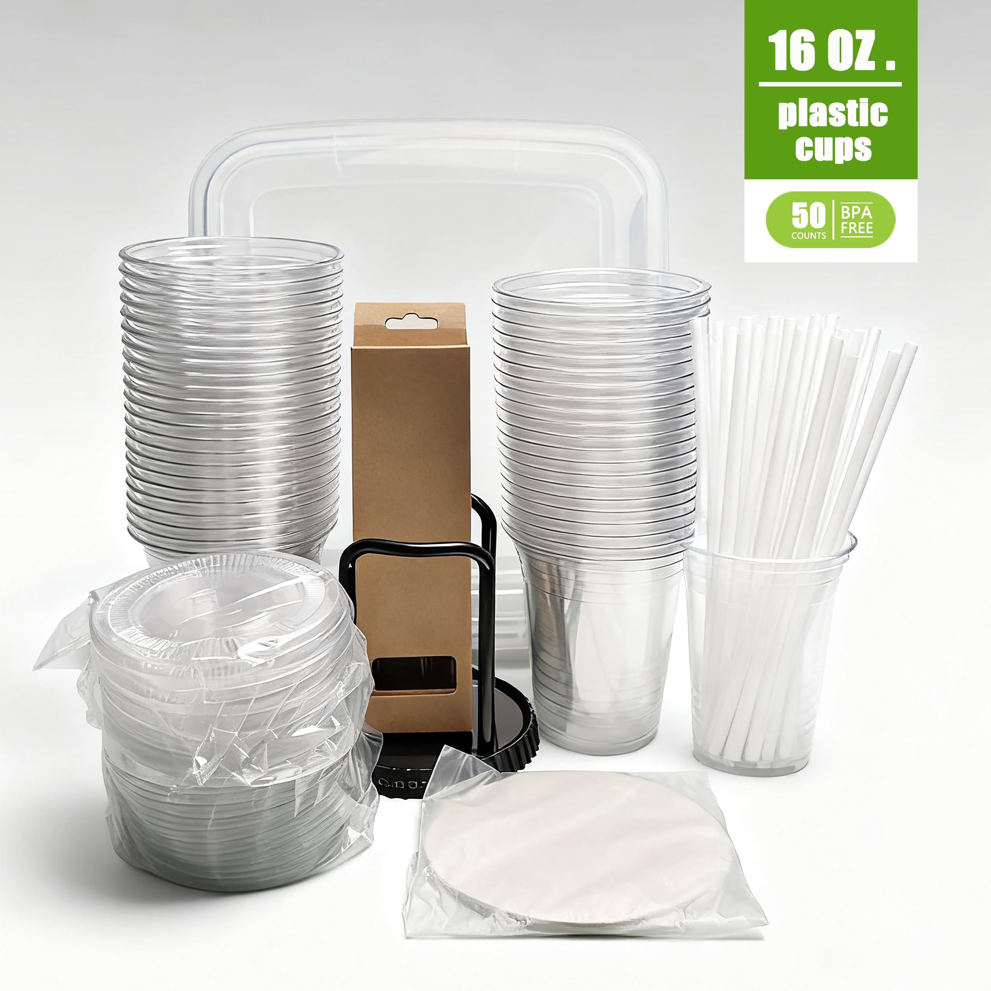 50Set of Cups50Cup Lid Set50Straw Set1Cup Holder Set1Set of Glass Straws Transparent Disposable Takeaway Cups for Wedding Catering Parties and Coffee Events