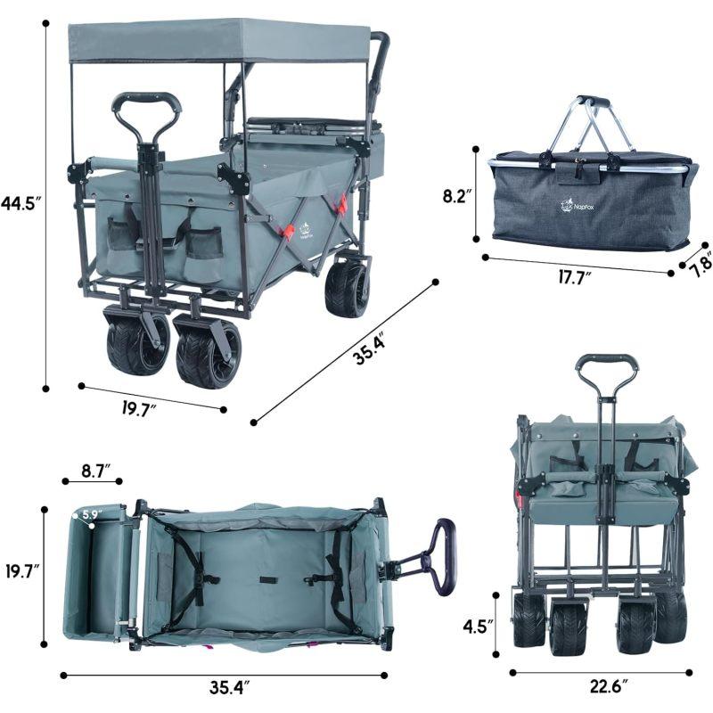 140Foldable Cart with Detachable Sunshade, All-Terrain, with Brake, Ice Bag, for Camping, Beach, Shopping