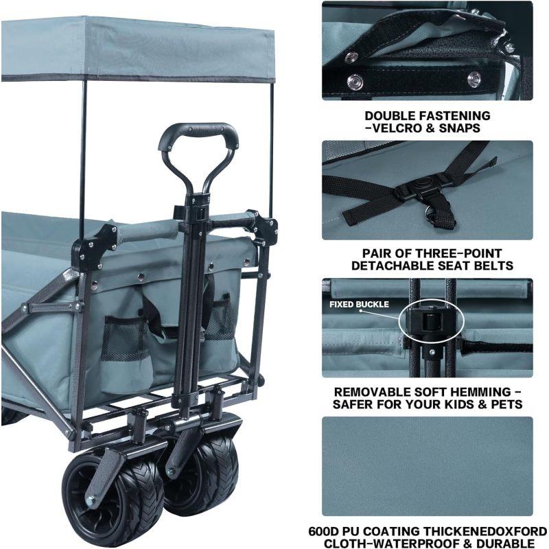 140Foldable Cart with Detachable Sunshade, All-Terrain, with Brake, Ice Bag, for Camping, Beach, Shopping