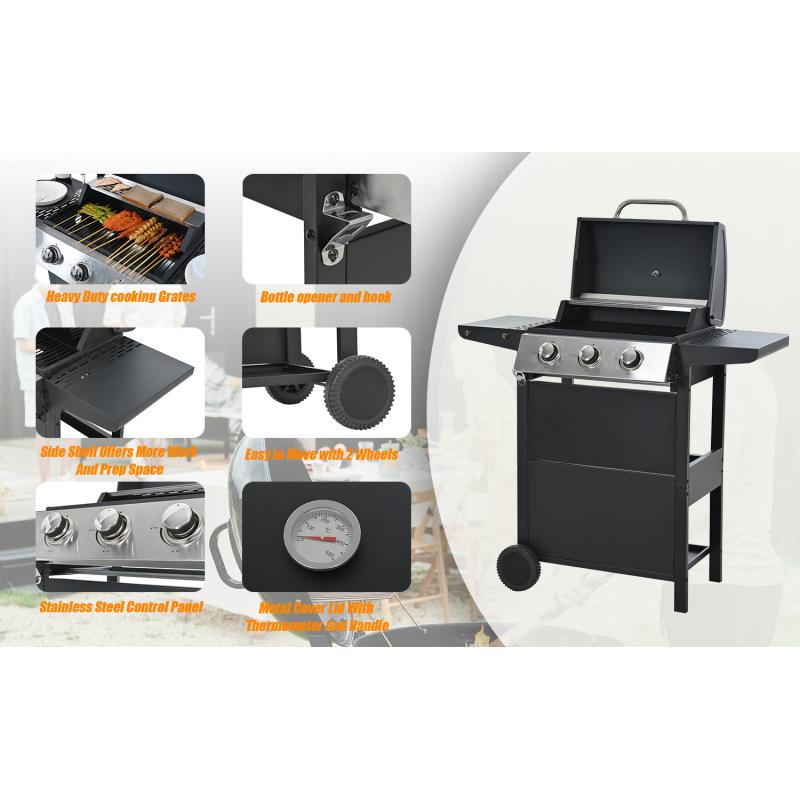 Propane Gas Three Burner Stainless Steel BBQ Grill With Double Shelf Lid Wheels and Bottle Opener