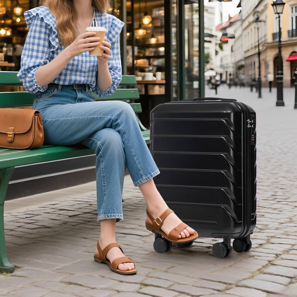 14"/20" 2 pcs/set in ABS Spinner Wheel Luggage, with Combination Lock,14" Cosmetic Case (Black)