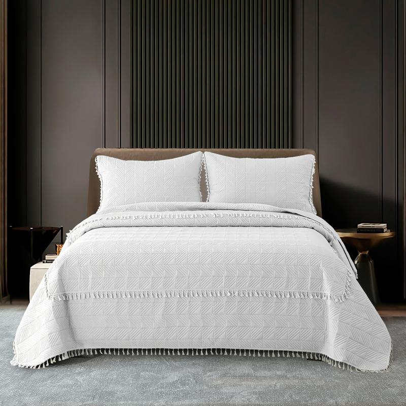 2025New Ultrasonic Solid Color Brushed Fabric Bed Cover Tassel Checkerboard