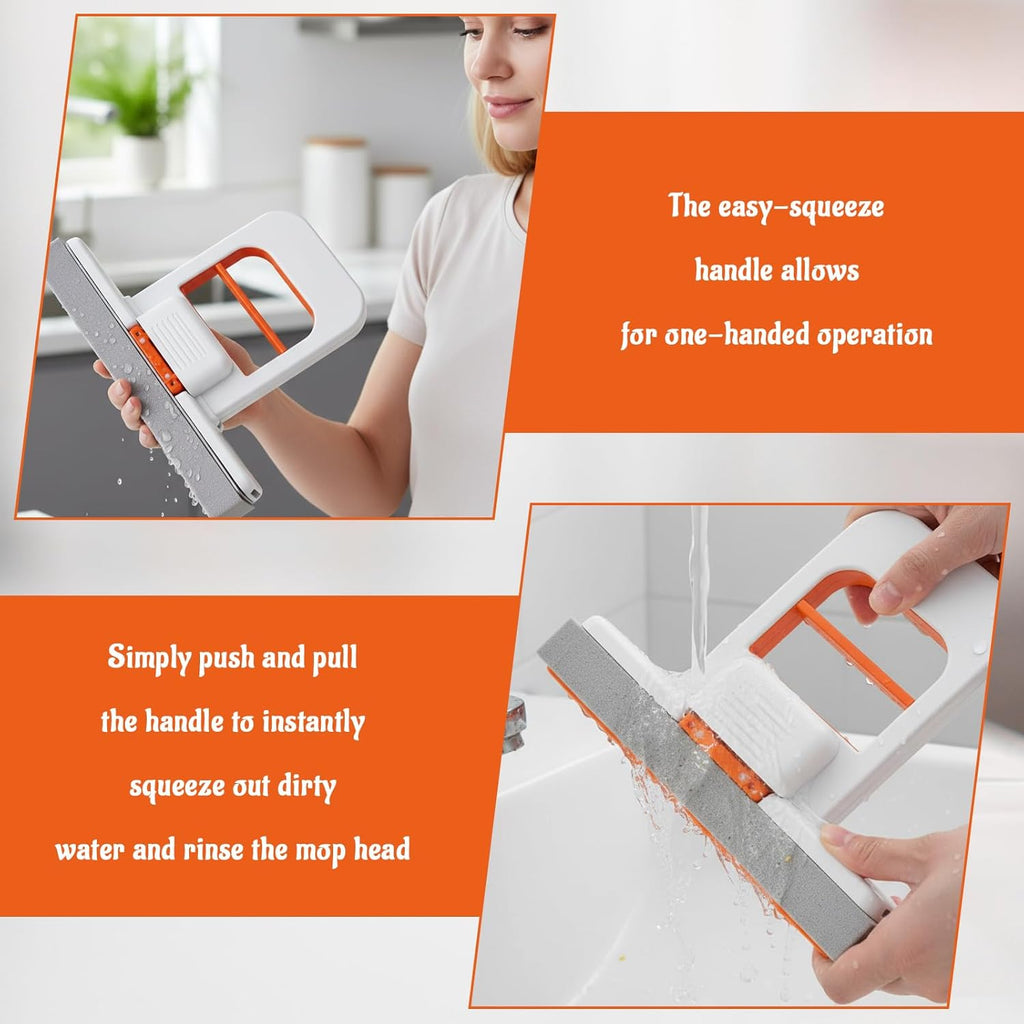 Mini Foldable Desktop Mop Set 2 Pieces Orange Self-Squeezing Handheld Sponge Mop for Kitchen Countertops Glass Bathrooms & Car Cleaning Wet Dry Use Easy Operation