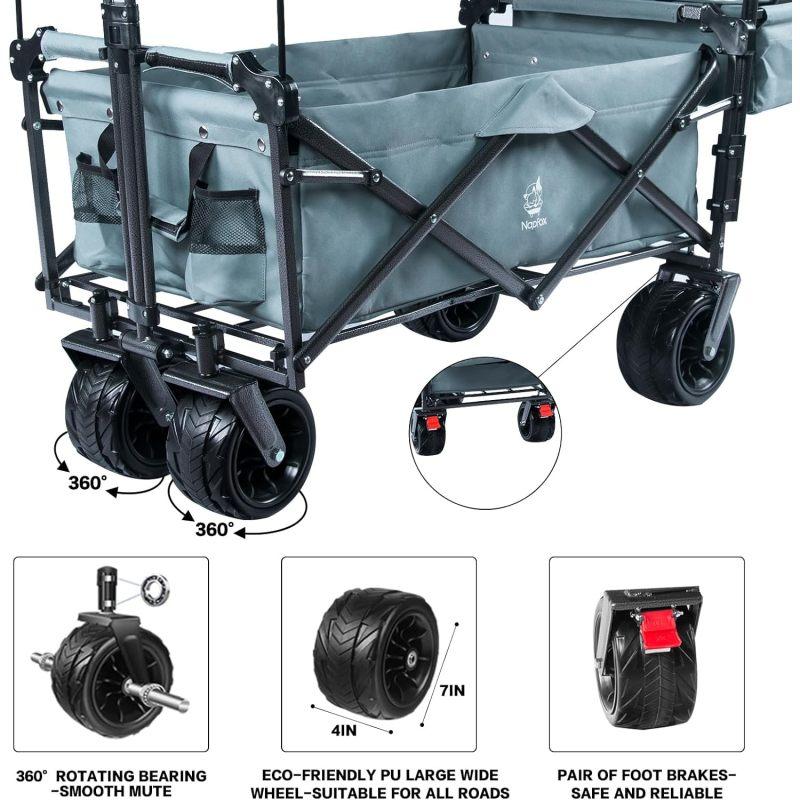 140Foldable Cart with Detachable Sunshade, All-Terrain, with Brake, Ice Bag, for Camping, Beach, Shopping