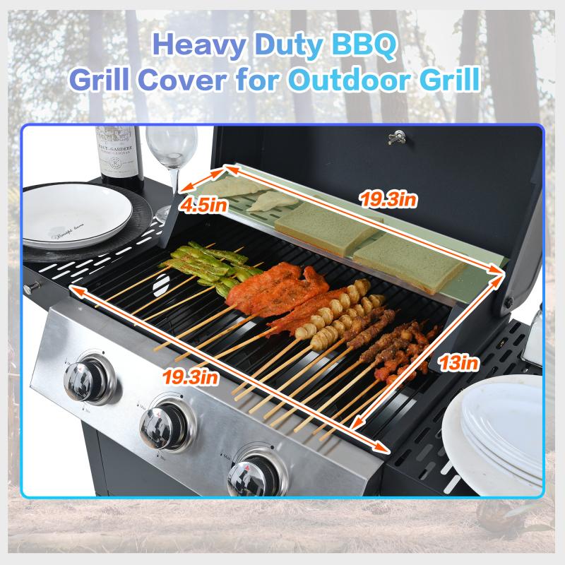 Propane Gas Three Burner Stainless Steel BBQ Grill With Double Shelf Lid Wheels and Bottle Opener