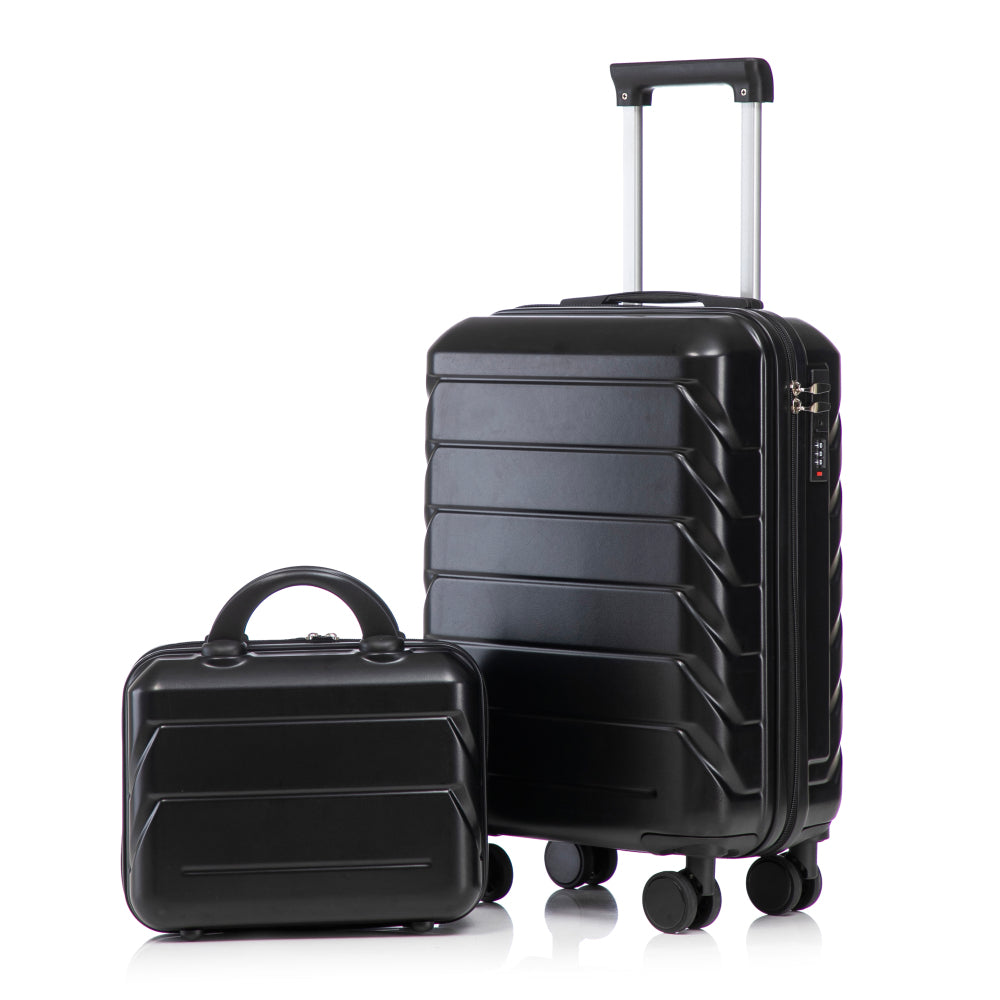 14"/20" 2 pcs/set in ABS Spinner Wheel Luggage, with Combination Lock,14" Cosmetic Case (Black)