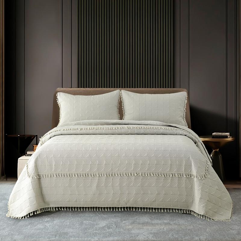 2025New Ultrasonic Solid Color Brushed Fabric Bed Cover Tassel Checkerboard