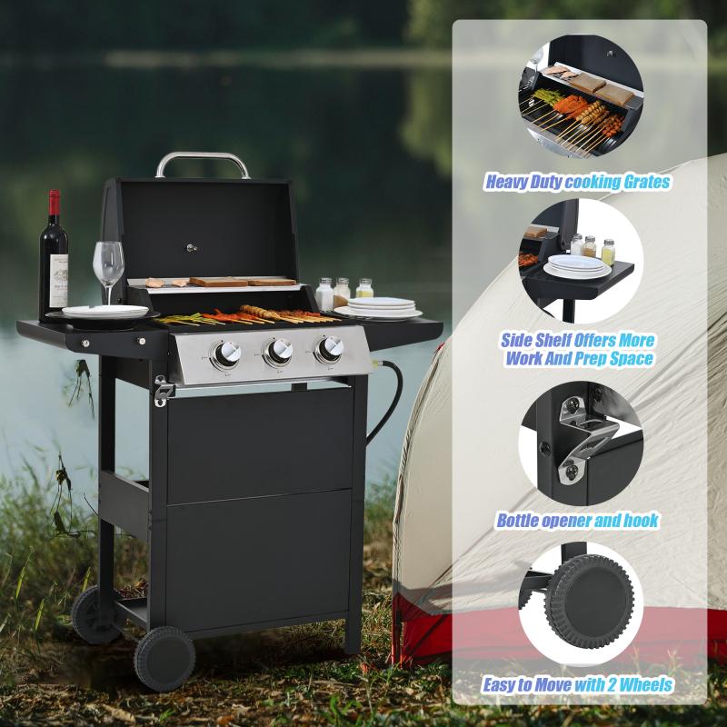 Propane Gas Three Burner Stainless Steel BBQ Grill With Double Shelf Lid Wheels and Bottle Opener
