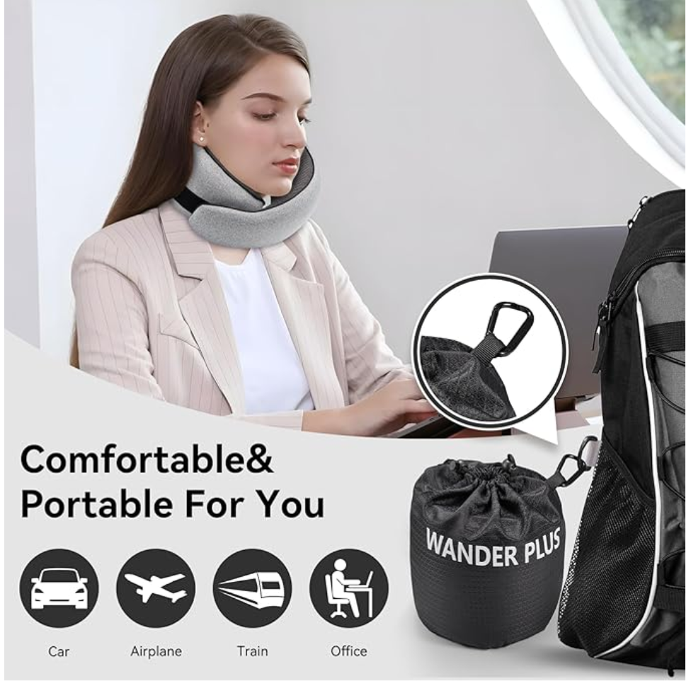 Travel Neck Pillow 100% Pure Memory Foam 360° Support Stowable for Airplanes Cars Airport Essentials