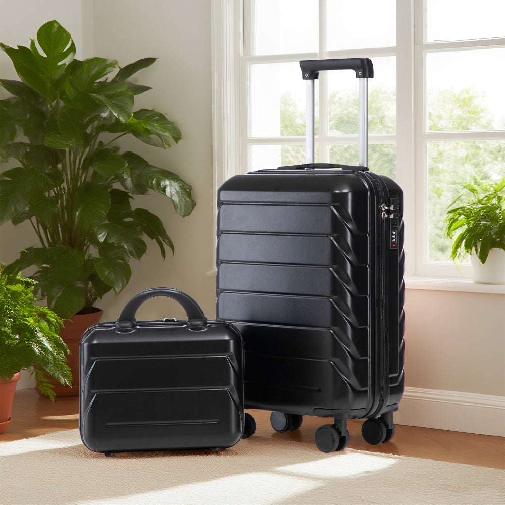 14"/20" 2 pcs/set in ABS Spinner Wheel Luggage, with Combination Lock,14" Cosmetic Case (Black)
