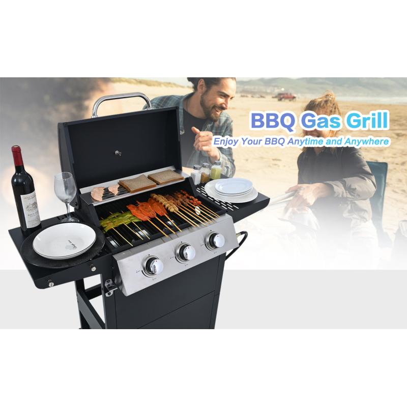 Propane Gas Three Burner Stainless Steel BBQ Grill With Double Shelf Lid Wheels and Bottle Opener