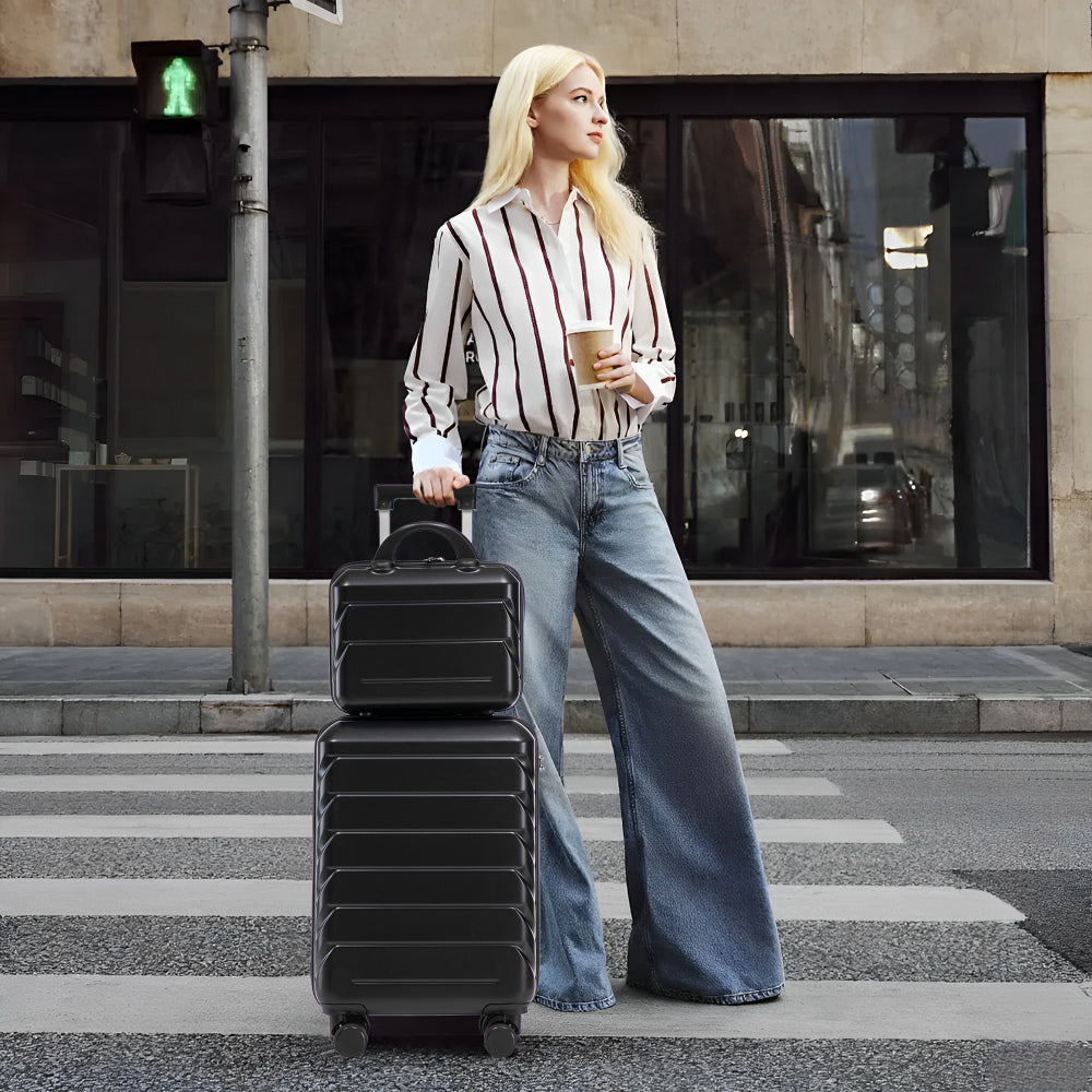 14"/20" 2 pcs/set in ABS Spinner Wheel Luggage, with Combination Lock,14" Cosmetic Case (Black)