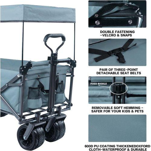 140Foldable Cart with Detachable Sunshade, All-Terrain, with Brake, Ice Bag, for Camping, Beach, Shopping