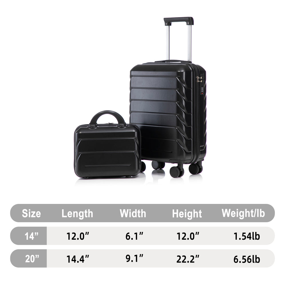 14"/20" 2 pcs/set in ABS Spinner Wheel Luggage, with Combination Lock,14" Cosmetic Case (Black)
